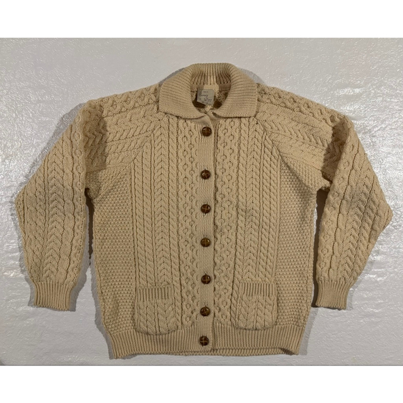Carraig Donn Sweaters - Vintage Chunky Cable Carraig Donn 100% Wool Cardigan Knit Ireland Cream size 46